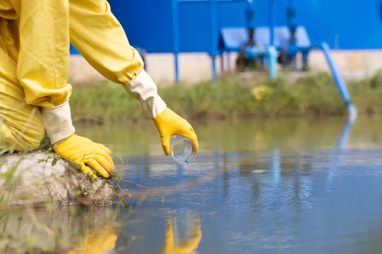 Person collecting water sample in protective gear