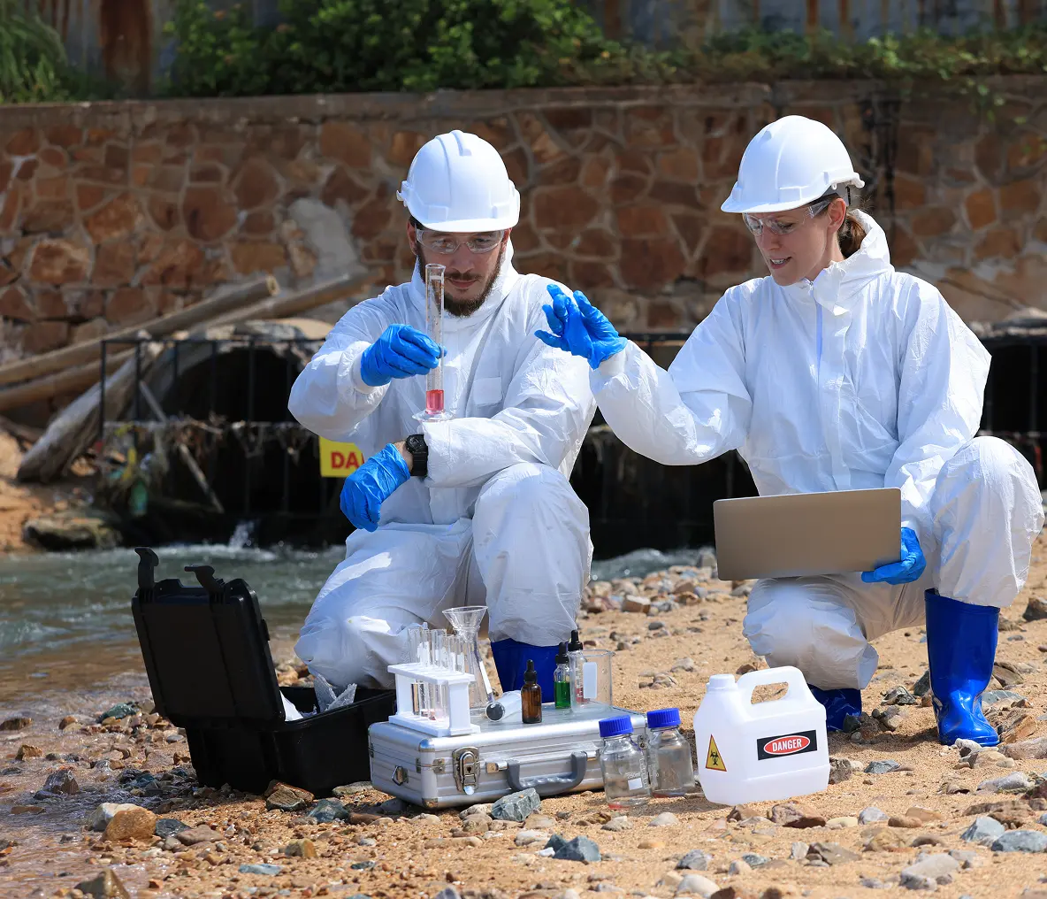 Environmental researchers conducting field analysis